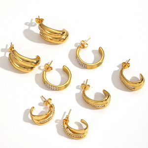 ต่างหูสแตนเลสทรงเรขาคณิตรูปตัว C ประดับเพชรสำหรับผู้หญิงสวมใส่ทุกวัน - Product Image 3