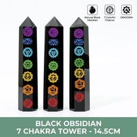 Menara Kristal Obsidian Hitam Alami 7 Chakra 14,5cm Simbol Chakra Terukir Laser Warna-warni untuk Penyembuhan Meditasi