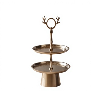 Support à gâteau moderne en métal doré à 2 niveaux, plateau de présentation de desserts de luxe avec poignée en forme de bois de cerf, support à cupcakes, décoration de fête - Product Image 1