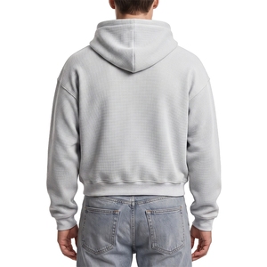 OEM Custom Manufacturer Drop Shoulder Full Zip up Cotton <strong>Cropped</strong> <strong>Boxy</strong> Plain Waffle Knit Hoodie for Men - Product Image 2