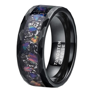 8MM Alin martelé <span class=keywords><strong>2</strong></span> canaux Whikey baril incrustation bleu opale noir plaqué carbure de tungstène bandes de mariage - Product Image 5