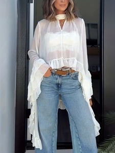 Sexy Lässige Figurbetonte Neckholder-Bluse mit Durchsichtigem Cape, Spitze, Langen Ärmeln und Atmungsaktivem Strickstoff für Damen im Sommer - Product Image 6