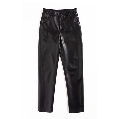 3665 Fashion Concise Style Casual Black Cropped Sheepskin Leather Pants Women