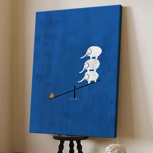Klein Blue Oil Painting Three Elephants Balancing Duck Childrens Room Wall <b>Art</b> Hand Painted Frameless Canvas Artwork - Product Image 1
