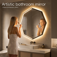 Miroir de salle de bain artistique octogonal à LED rétroéclairé, anti-buée, mural, cadre noir