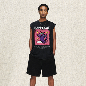 Chaleco Retro Lavado Oversize para Hombre con Estampado de Gato y Rayas, Suave, Sin Mangas, para Uso Diario, Stock Mayorista Local de EE. UU. - Product Image 2