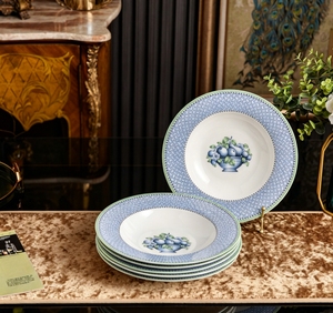 Juego de 6 Platos Hondos de Cerámica con Borde Azul Tejido y Estampado de Frutas para el Uso Diario - Product Image 1