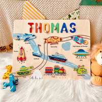 Jeu éducatif en bois Thomas pour enfants de 2 à 4 ans, puzzle de transport avec véhicules et personnalisation du nom, unisexe