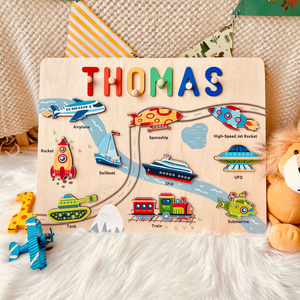 Jeu éducatif en bois Thomas pour enfants de 2 à 4 ans, puzzle de transport avec véhicules et personnalisation du nom, unisexe - Product Image 4