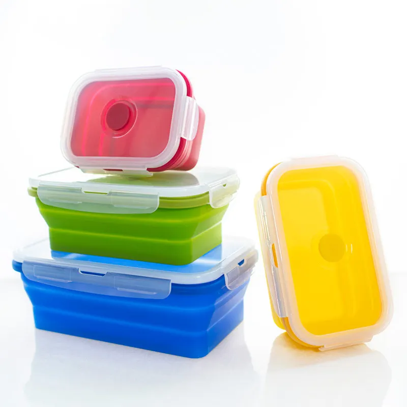 Wadah penyimpanan makanan 4 buah set kotak Bento makan siang silikon dapat dilipat bebas BPA untuk wadah silikon luar ruangan