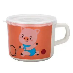 Cartoon eco friendly bamboo fiber plastic toddler kids milk water cup mug with lid