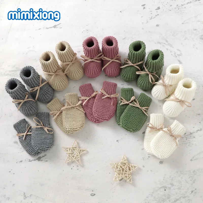 Mimixiong – ensemble de chaussures pour bébé, gants, ruban, nœud, tricoté, décontracté, 0-24 mois, nouveau-né, mitaines, chaussures pour bébé, chaussettes