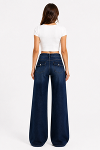 Jean en denim taille haute pour femme, coupe ample, jambe large, délavage foncé, longueur intégrale, style décontracté, en tissu de coton respirant - Product Image 3