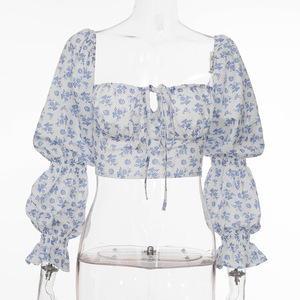 Long Puff Sleeve Square Neck Ruched <strong>Cup</strong> Strips Floral Chiffon Corset Crop Top <strong>Blouse</strong> - Product Image 5