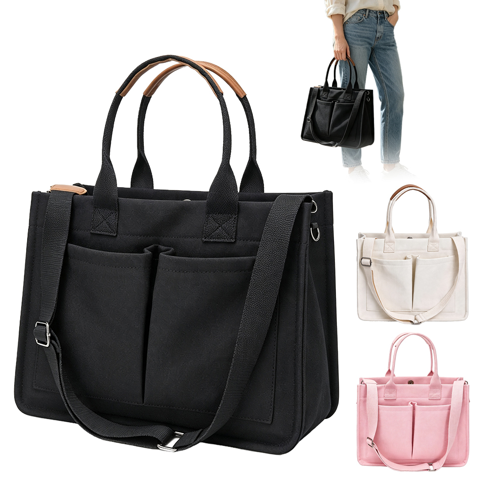 Multi Pocket Canvas Bag Women Daily Work Handbag