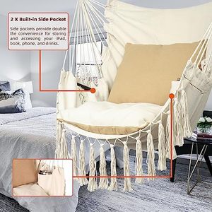 Silla Hamaca Colgante de Cuerda Beige para Interiores o Exteriores con Elegantes Borlas, Capacidad Máxima de 500 Libras, con 2 Cojines - Product Image 3