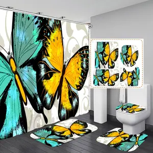 Juego de cortina y alfombra de ducha con estampado de mariposa, cortina y alfombrillas de baño con estampado personalizado