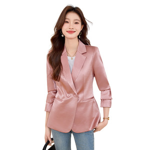 Pink Blazer For Women Slim Fit Korean Style Casual Short Jacket With Pocket Anti Wrinkle Solid Color Polyester Fabric - Product Image 5