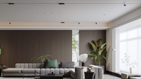 Meubles de salon modernes et minimalistes Lesso Home en ardoise cannelée, mur d'arrière-plan TV avec LED encastrées et niches ouvertes