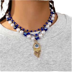 Collier pendentif vintage en alliage de zinc et céramique avec imitation de perle, œil de démon nocturne, serti multi-couches, pour anniversaire - Product Image 1