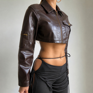 Chaqueta de moto corta de cuero sintético PU para mujer con cremallera frontal, cuello de solapa, manga larga y bolsillos, ropa exterior informal de otoño - Product Image 5