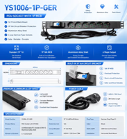 Unidad de Distribución de Energía (PDU) Personalizable de Aleación de Aluminio de 19 Pulgadas 1U y 6 Vías, Monofásica 1P, Modelo YS1006-1P-GER, Color Negro, para Racks de Servidores