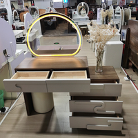 Coiffeuse Tongli avec éclairage LED tricolore, miroir latéral, 5 grands tiroirs, moderne, personnalisable, en bois massif pour chambre à coucher