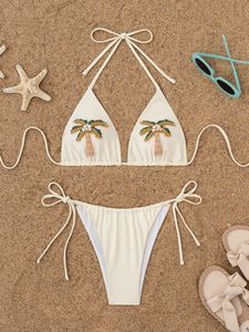 Bikini Triangular Bordado con Palmeras para Mujer al por Mayor, con Tirantes Halter y Lateral Atado, Traje de Baño Atrevido, Ropa de Playa, Logotipo Personalizado, Fabricante OEM - Product Image 2