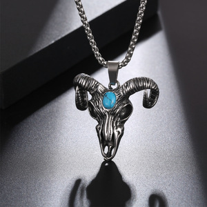 <b>Titanium</b> Steel Bull Head Pendant With Turquoise Inlay Retro Men's Necklace SP939 - Product Image 3