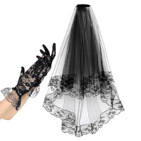 Voile et gants en dentelle noire uniques pour femme, accessoires de tête pour fête costumée d'Halloween