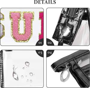 Bolso pequeño con letras <span class=keywords><strong>de</strong></span> chenilla negra, bolso <span class=keywords><strong>de</strong></span> <span class=keywords><strong>maquillaje</strong></span> con cremallera impermeable, logotipo <span class=keywords><strong>para</strong></span> viajes, mujeres, <span class=keywords><strong>adolescentes</strong></span>, bolsa <span class=keywords><strong>de</strong></span> protección solar <span class=keywords><strong>para</strong></span> playa <span class=keywords><strong>de</strong></span> verano - Product Image 5