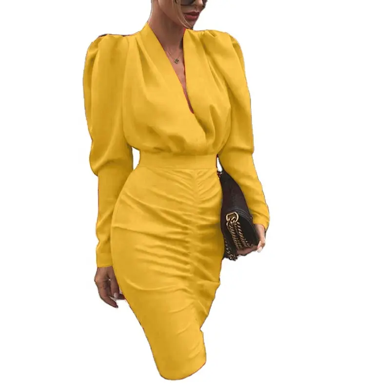 2024 Fall Winter New Fashion Woman Church Dress Solid Color Long Sleeve Deep V Neck Ruched Bodycon Ladies Sexy Party Dresses