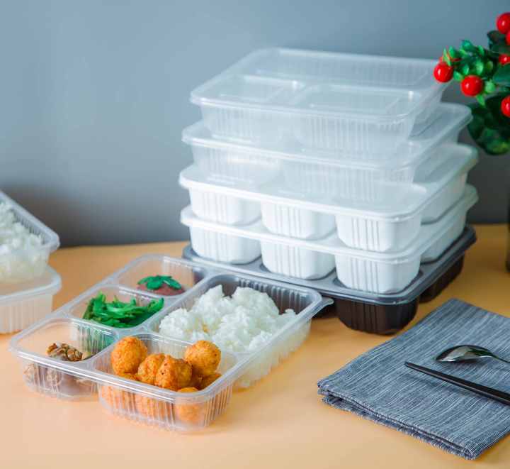 3 Compartment Disposable Microwavable Plastic Lunch Box Black PP Lid ...