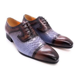 Nouvelles Chaussures Habillées Formelles en Cuir Bleu Grain Serpent 2021, Style Patchwork, à Lacets Oxford, pour Hommes, Vente en Gros Usine - Product Image 2
