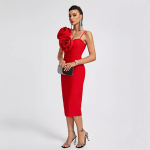 Abito <span class=keywords><strong>midi</strong></span> da donna sexy con <span class=keywords><strong>fiori</strong></span> 3D decorativi, spalline sottili, senza maniche, aderente, scollato sulla schiena, alla moda per feste - Vestidos - Product Image 4