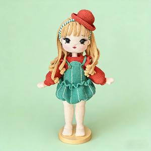 Muñeca Mila Tejida a Mano, con Sombrero Rojo y Vestido Verde con Tirantes, Pelo Largo Amarillo y Aproximadamente 32 cm de Altura - Product Image 6