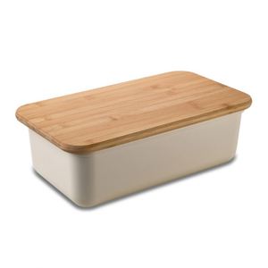 Boîte rectangulaire de 7,5 L couleur crème avec couvercle en bois de bambou, support pour trancheuse à pain, rangement et conteneur alimentaire - Product Image 1