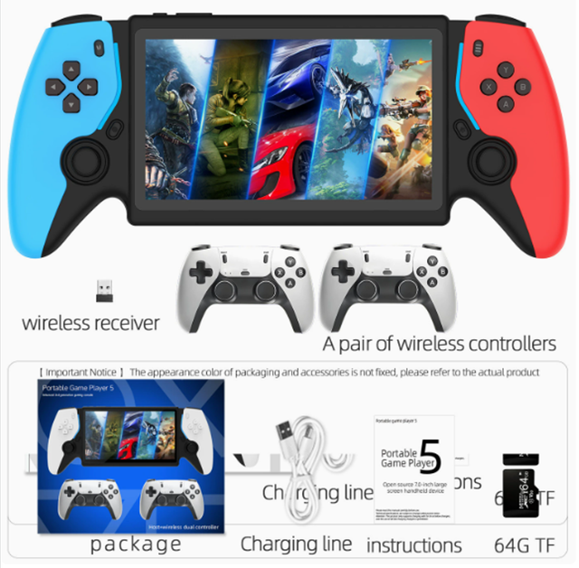 Portable Arcade Game Player 7" Open-Source Handheld Dual Analog Sticks 30+ Emulators TV Connection Controllers & RGB Game Light