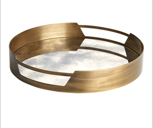 <strong>Antique</strong> Luxury Golden Mirror Decorative Handle <strong>Tray</strong> Snack Fruit <strong>Serving</strong> <strong>Tray</strong> Metal Glass Plate - Product Image 1