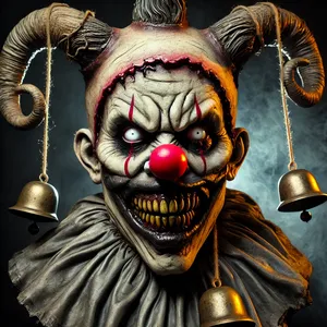 Máscara de Halloween para adultos <span class=keywords><strong>Jingle</strong></span> <span class=keywords><strong>Jangle</strong></span> Demon Clown Cosplay disfraz miedo látex completo diablo cuernos campanas máscara de Mascarada
