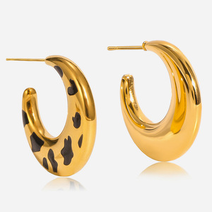 Pendientes de Aro con Diseño de Luna, Acero Inoxidable con Baño de Oro de 18K, Estampado de Leopardo, Joyería de Moda - Product Image 1
