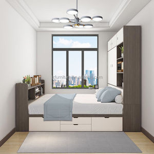 Cheap Studio Apartment Bedroom Furniture Complete Tatami Wooden <b>Storage</b> Bed Wardrobe & Wall Cabinet Set for Compact Living Space - Product Image 3