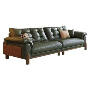 Retro Genuine Leather Sofa Dark Green Tufted Straight Design Living Room Furniture Oil Waxed Top Grain Cowhide - Product Image 5