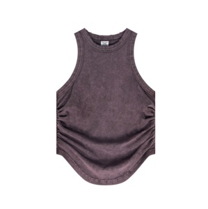 Crop top sans manches froncé - Haut tricoté ajusté à col rond, en coton élasthanne respirant, couleur unie, style streetwear pour le printemps et l'été - Product Image 4