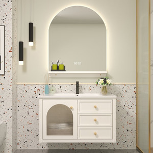 <b>Wall</b>-Mounted White Bathroom Vanity Unit With Gold Handles Arched LED <b>Mirror</b> Cabinet - Product Image 3