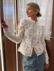 <span class=keywords><strong>Camicetta</strong></span> Cheongsam in <span class=keywords><strong>pizzo</strong></span> bianco con colletto alla coreana, elegante top corto a maniche lunghe da donna - Product Image 1