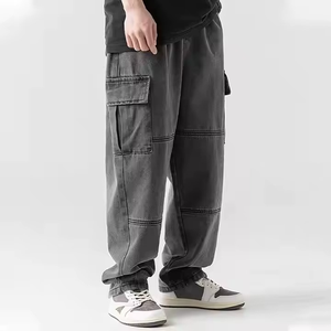 Wholesale Custom Men's High Waist Vintage Baggy Cargo <b>Jeans</b> Street Fashion Multi-Pocket <b>Work</b> Denim Straight Style Washed Look - Product Image 4