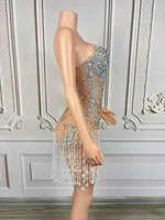 Combinaison scintillante argentée à strass et franges pour femme, sexy, exotique, en spandex, pour spectacle de danse, tenue de boîte de nuit, chanteuse, danseuse
