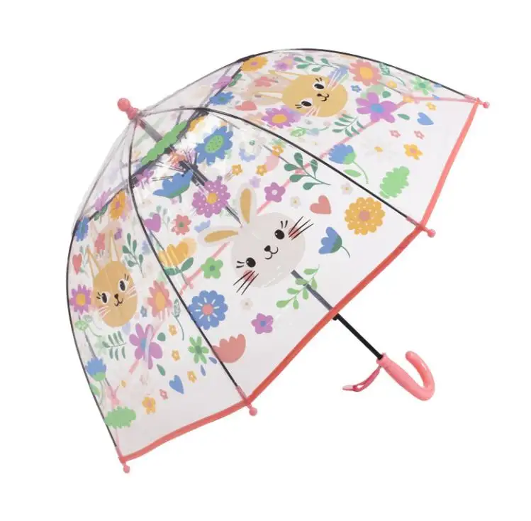 Adorável gato e coelho floral criança bebê cúpula POE plástico claro crianças Guarda-chuva dos desenhos animados crianças PVC guarda-chuvas transparentes