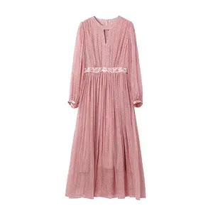 Pink Women's Long-Sleeved Spring And Summer New Design Real Silk Long Skirt High-Waisted Dress